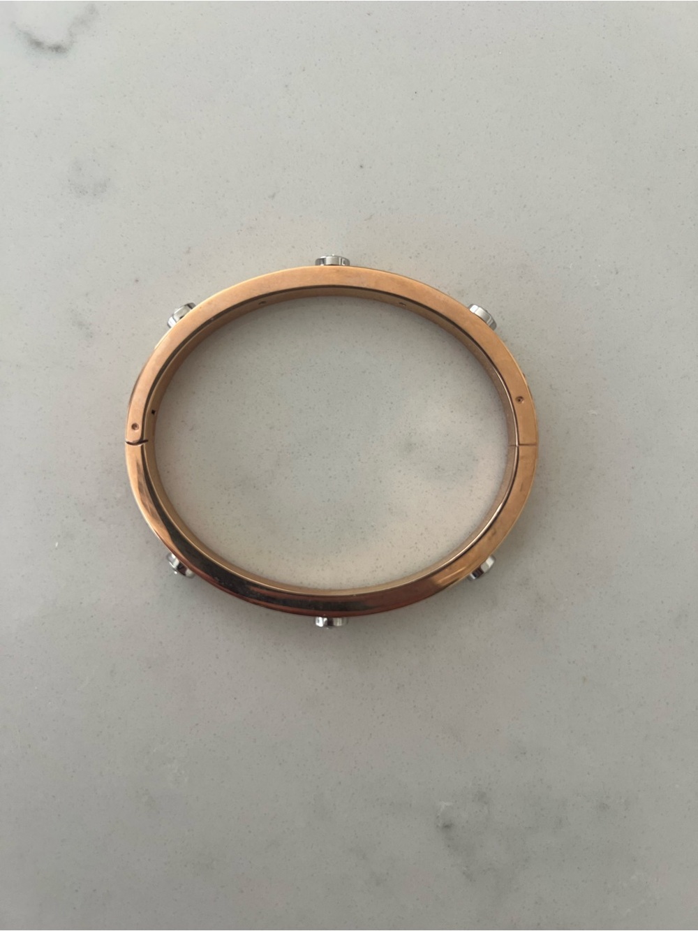 Henri Bendel New York Rose Gold Tone Crystal Hinged Bangle Bracelet